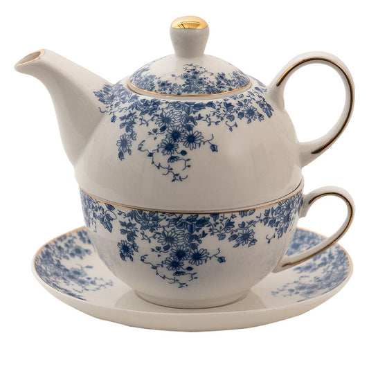 Tea for One Tee-Set mit blauen Porzellanblüten