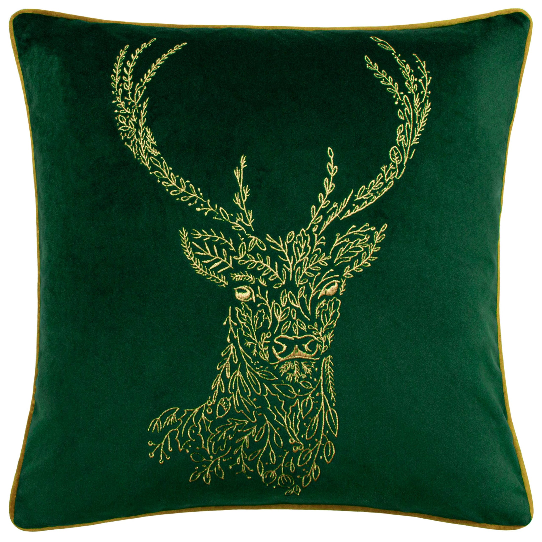 Kissen Forest Fauna Hirsch aus Samt mit Paspelierung, Smaragd/Gold: