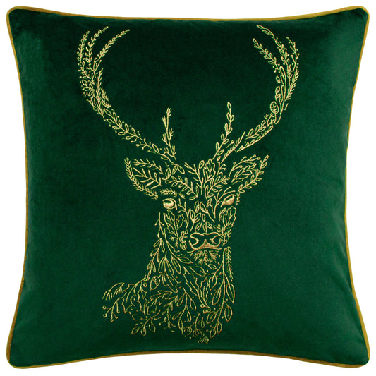 Kissen Forest Fauna Hirsch aus Samt mit Paspelierung, Smaragd/Gold: