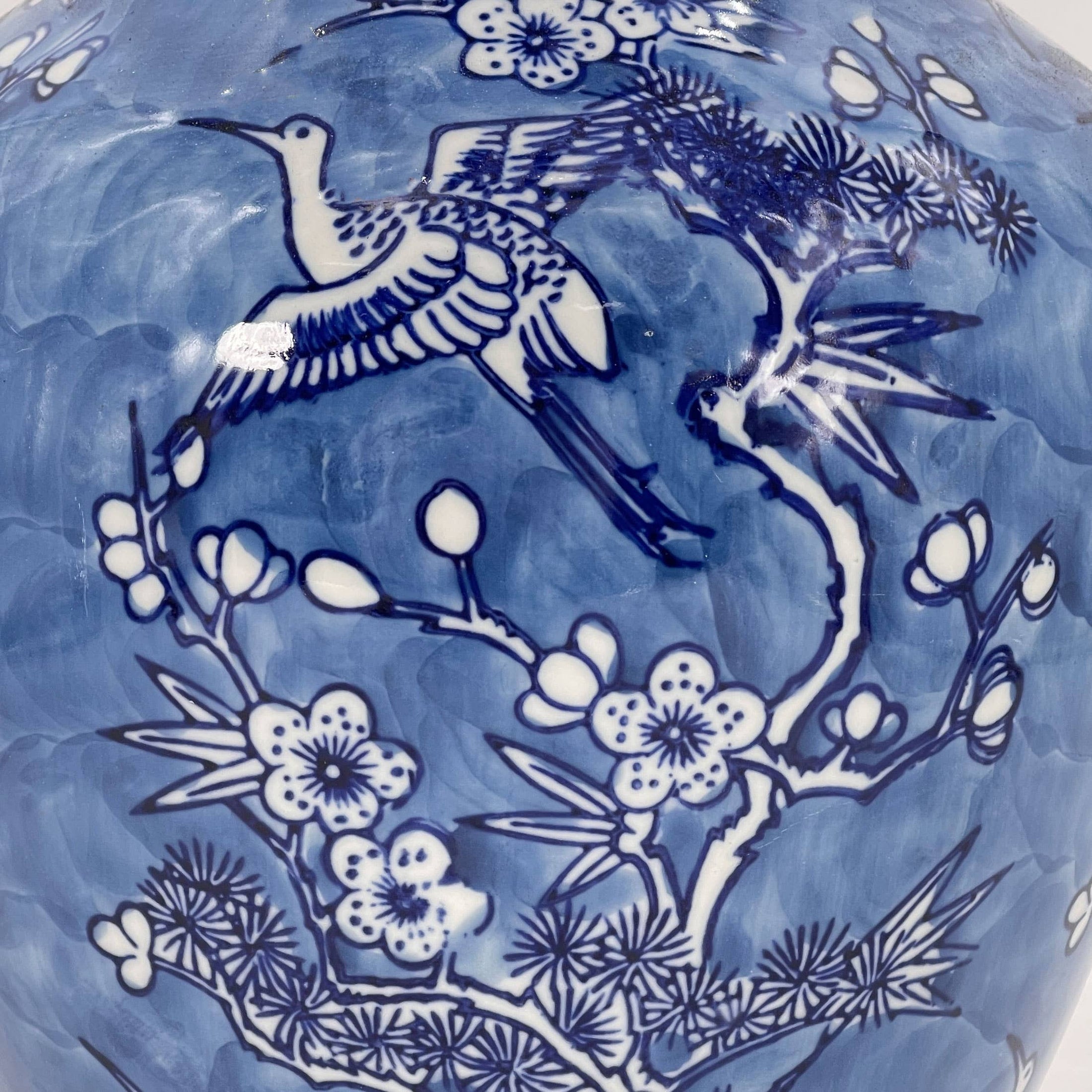 Exquisite Chinoiserie Kürbis-Vase in Blau-Weiß Kranich Design